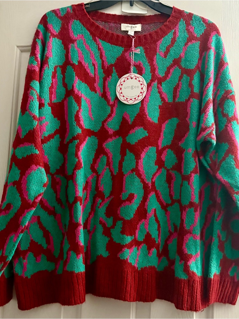 Umgee Red & Teal Abstract Animal-Print Crewneck Sweater